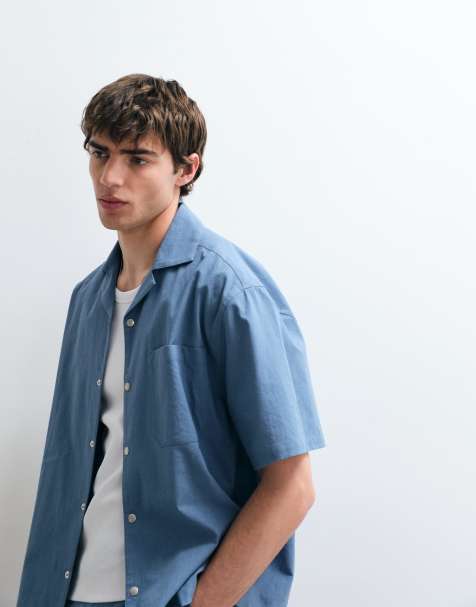 ASOS COLLECTIVE - Camicia comoda in cotone e lino blu medio in coordinato - view 1
