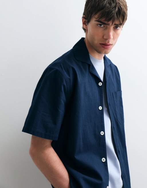 ASOS COLLECTIVE - Camicia comoda in cotone e lino blu navy in coordinato, 3 di 5