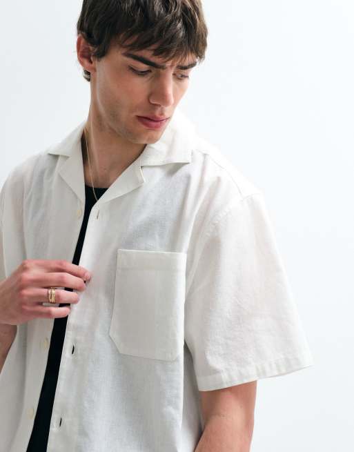 ASOS COLLECTIVE - Camicia comoda in cotone e lino color crema in coordinato, 2 di 5