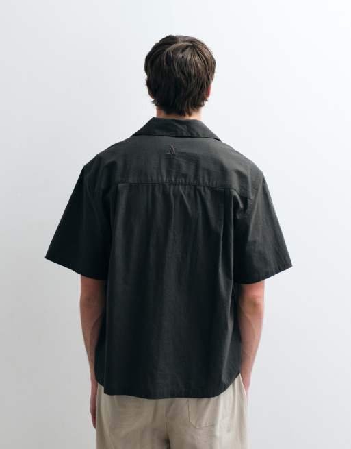 ASOS COLLECTIVE - Camicia comoda in cotone e lino ricamato verde scuro, 3 di 5