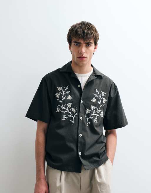 ASOS COLLECTIVE - Camicia comoda in cotone e lino ricamato verde scuro, 5 di 5