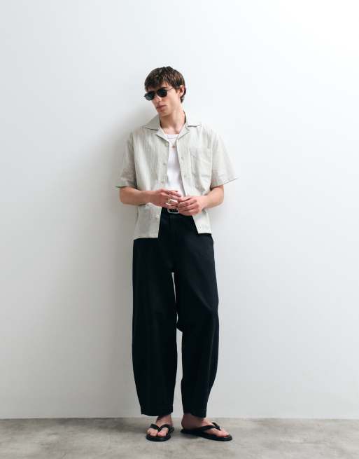 ASOS COLLECTIVE - Camicia comoda in cotone e lino verde pallido a righe, 2 di 5