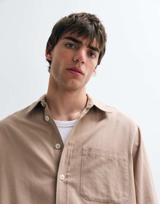 ASOS COLLECTIVE - Camicia oversize a maniche lunghe in cotone e lino beige in coordinato, 4 di 9