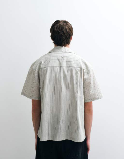 ASOS COLLECTIVE - Camisa verde pálido a rayas holgada de lino y algodón, 3 de 5