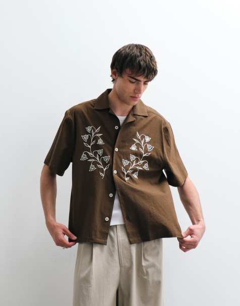 ASOS COLLECTIVE - Chemise décontractée en lin et coton avec broderies - Marron - view 1