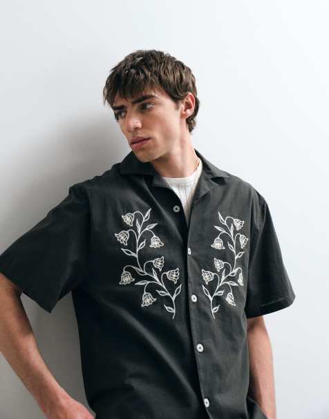 ASOS COLLECTIVE - Chemise décontractée en lin et coton avec broderies - Vert foncé - view 1
