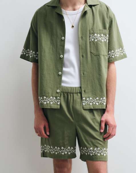 ASOS COLLECTIVE co-ord cotton embroidered shorts with linen in khaki - view 1
