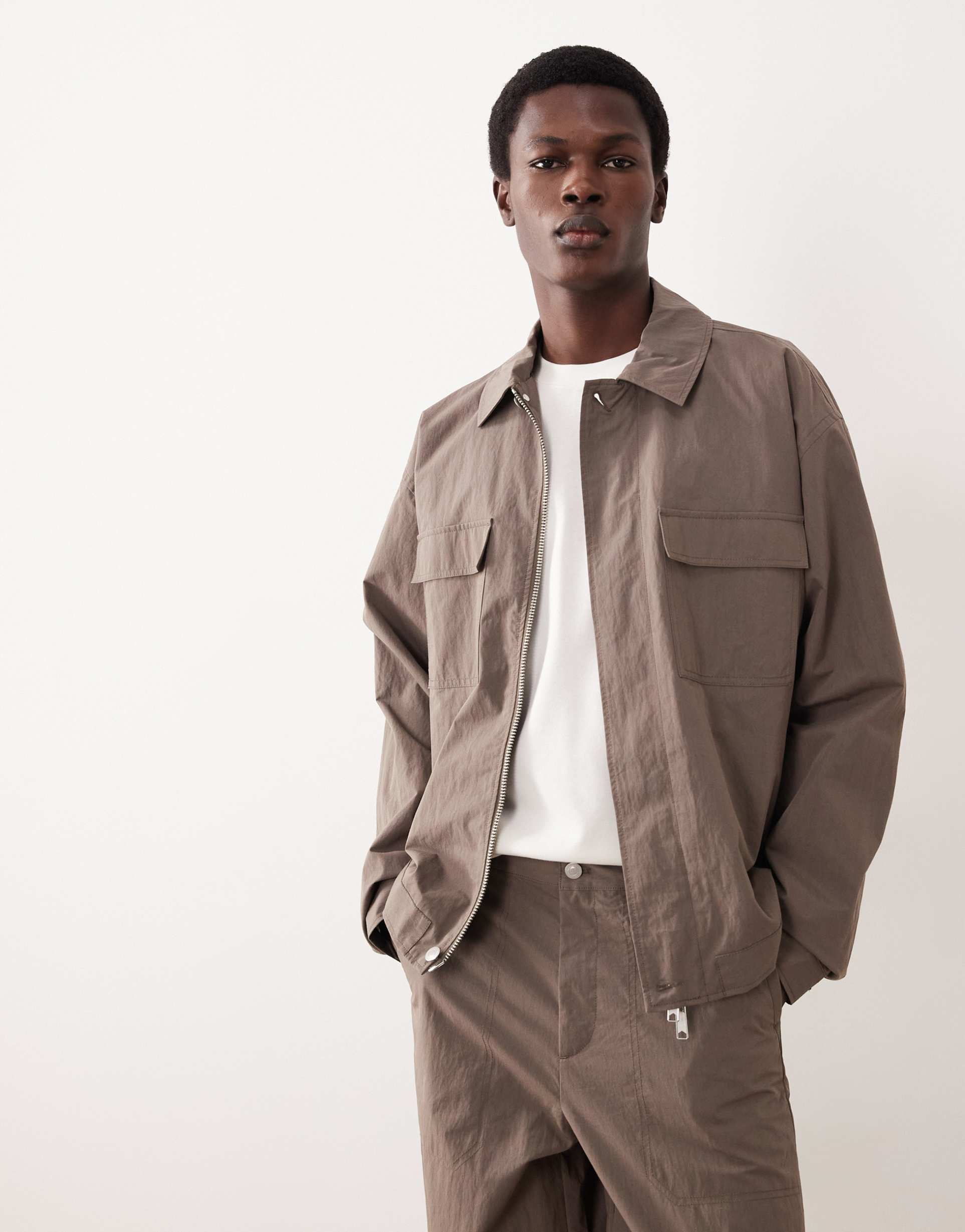 ASOS COLLECTIVE co-ord cotton nylon shacket blend in brown