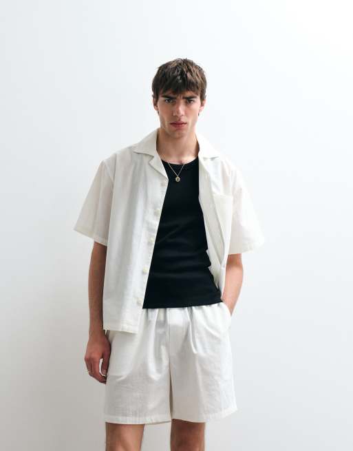 ASOS COLLECTIVE co-ord cotton shorts with linen in cream, 3 of 5