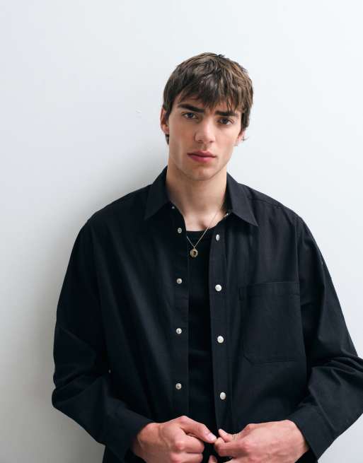 ASOS COLLECTIVE co-ord oversized cotton shirt with linen in black, 3 of 5