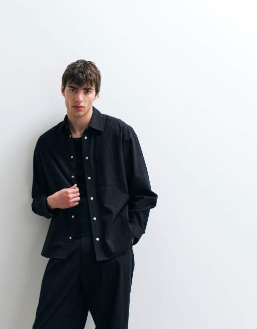 ASOS COLLECTIVE co-ord oversized cotton shirt with linen in black, 5 of 5
