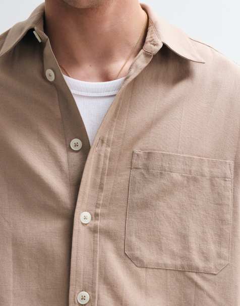 ASOS COLLECTIVE co-ord oversized long sleeve cotton shirt with linen in beige - view 1