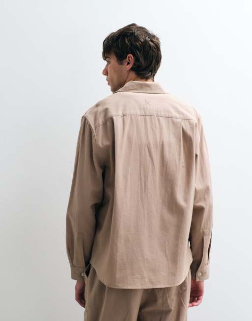 ASOS COLLECTIVE co-ord oversized long sleeve cotton shirt with linen in beige, 5 of 9