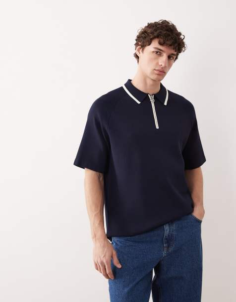 ASOS COLLECTIVE - Compact gebreide ruimvallende polo met korte rits in marineblauw, deel van co-ord set - view 1