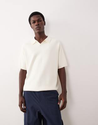Asos Collective Compact Knit Relaxed Notch Neck Polo Shirt In White
