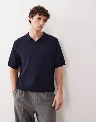 Asos Collective Compact Knit Relaxed Notch Neck Polo Shirt In Blue