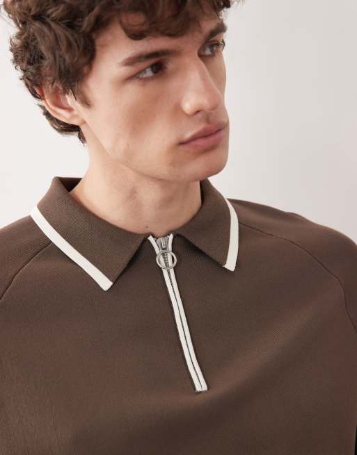 ASOS COLLECTIVE compact knitted relaxed half zip polo in brown (part of a set), 2 of 6