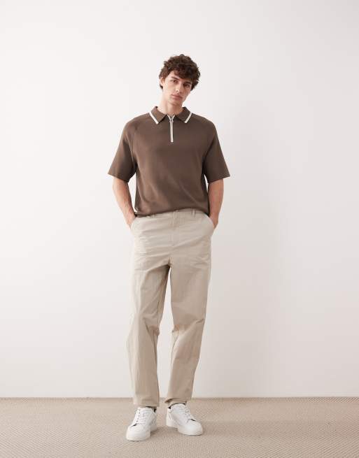 ASOS COLLECTIVE compact knitted relaxed half zip polo in brown (part of a set), 3 of 6