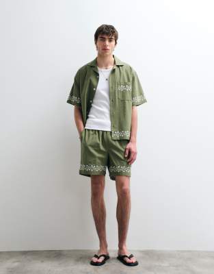 Asos Collective Cotton-linen Blend Embroidered Shorts In Multi