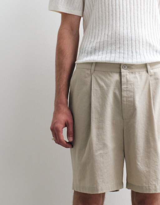 ASOS COLLECTIVE cotton pleated shorts with linen in stone, 3 of 5