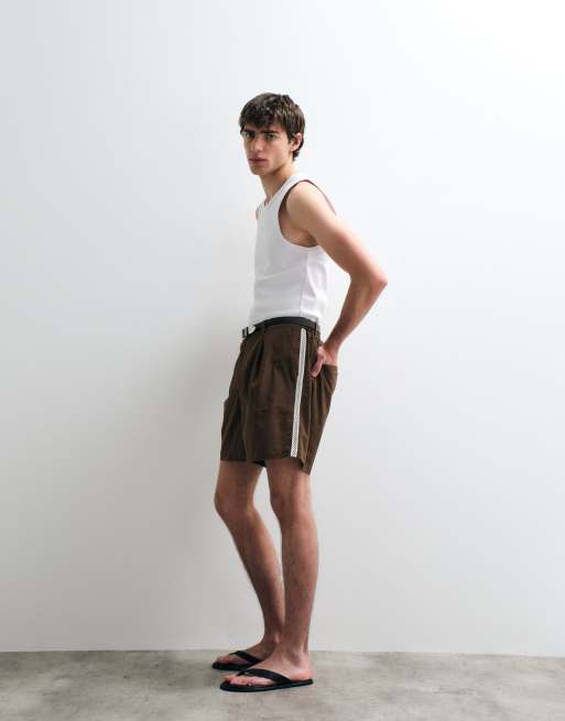 ASOS COLLECTIVE cotton woven trim shorts with linen in brown, 2 of 5