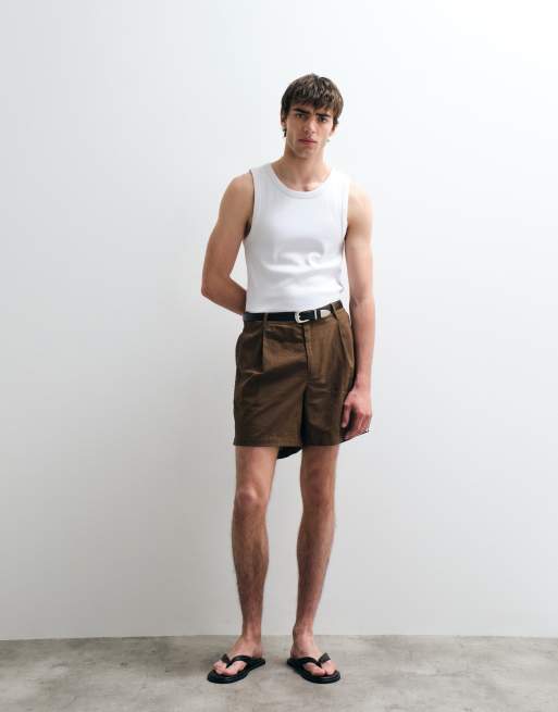 ASOS COLLECTIVE cotton woven trim shorts with linen in brown, 4 of 5