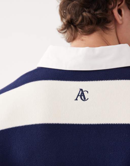 ASOS COLLECTIVE - Extreem oversized gestreept rugbyshirt van zware stof in wit en marineblauw , 4 van 7