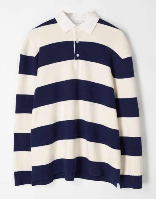 ASOS COLLECTIVE - Extreem oversized gestreept rugbyshirt van zware stof in wit en marineblauw , 6 van 7