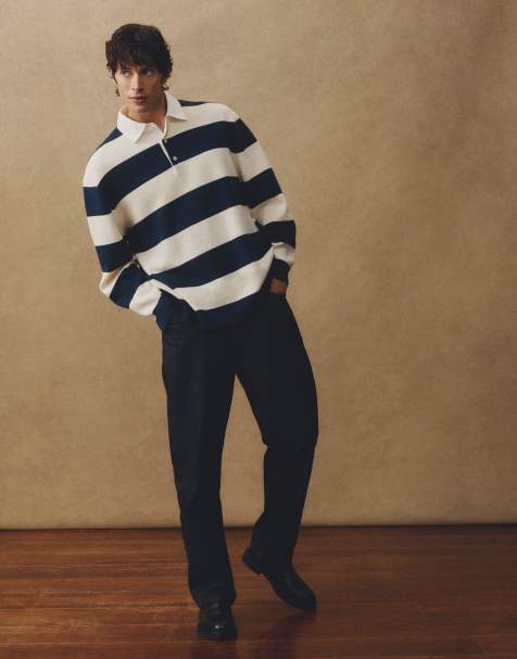 ASOS COLLECTIVE extreme oversized heavyweight striped rugby polo in white and navy - view 1