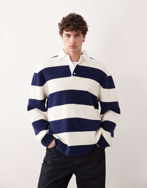 ASOS COLLECTIVE extreme oversized heavyweight striped rugby polo in white and navy , 2 of 7