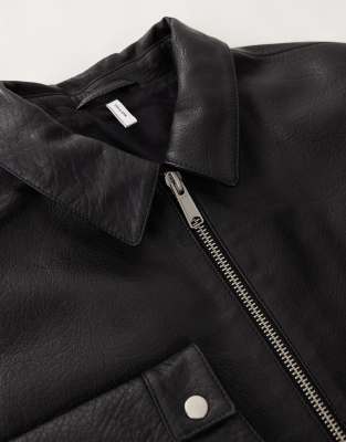Asos Collective Harrington Textured Real Leather Jacket In Black