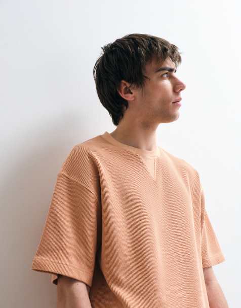 ASOS COLLECTIVE heavyweight oversized waffle t-shirt in washed orange - view 1