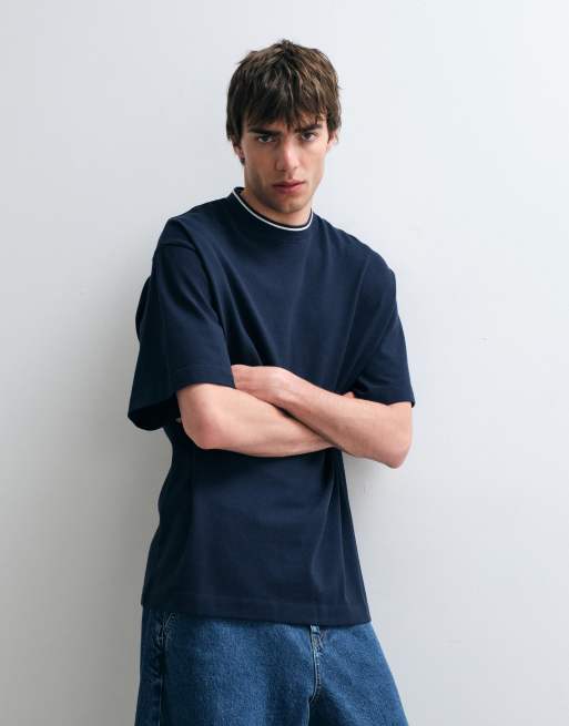 ASOS COLLECTIVE heavyweight relaxed pique t-shirt with tipping in navy, 3 of 5