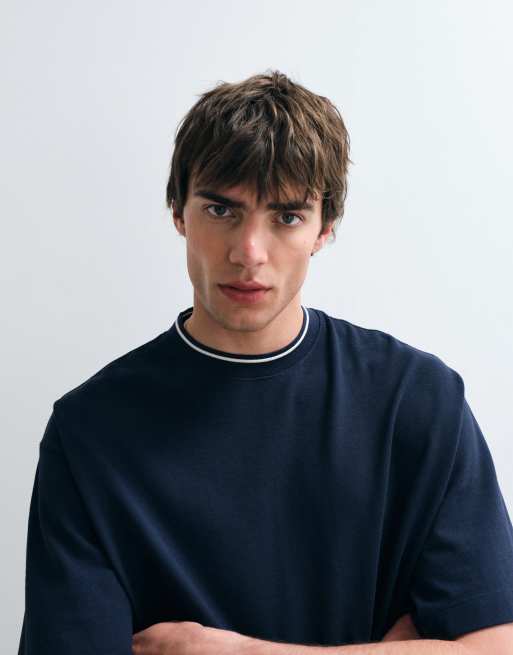 ASOS COLLECTIVE heavyweight relaxed pique t-shirt with tipping in navy, 4 of 5