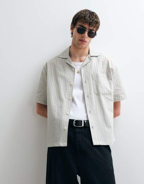ASOS COLLECTIVE – Jasnozielona luźna koszula z bawełny z domieszką lnu w paski - view 1