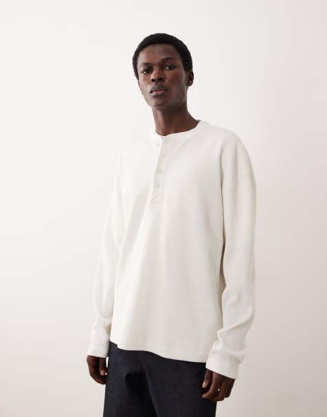 ASOS COLLECTIVE – Kremowy bardzo gruby T-shirt oversize o pudełkowym kroju z długimi rękawami i dekoltem henley o waflowej strukturze - view 1
