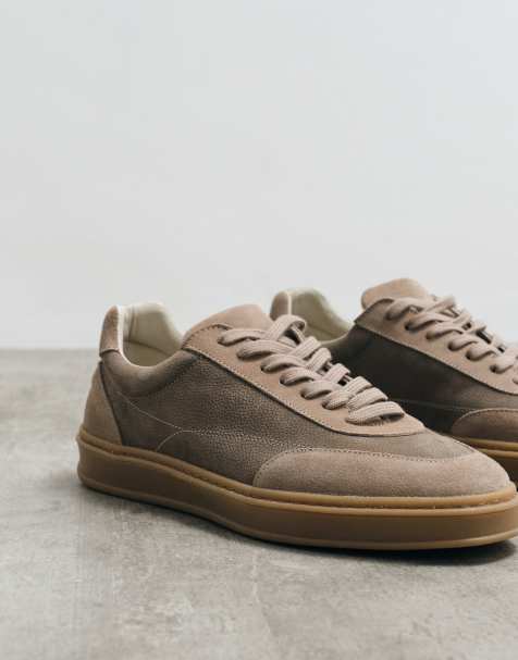 ASOS COLLECTIVE - Made In Portugal - Gråbrune sneakers med snørebånd i premium-læder og ruskind - view 1