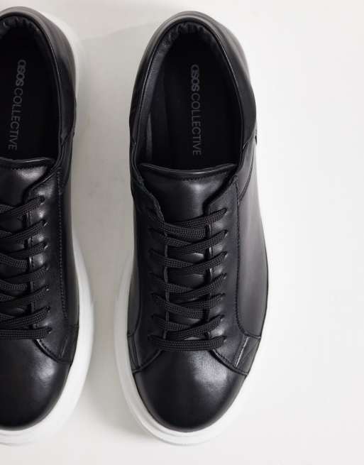 ASOS COLLECTIVE Made In Portugal lace up trainers in premium black leather, 3 of 4