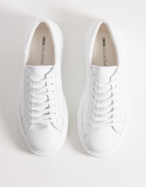 ASOS COLLECTIVE Made In Portugal lace up trainers in premium white leather, 3 of 4