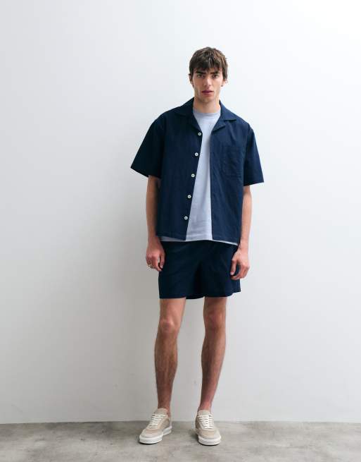 ASOS COLLECTIVE – Marinblå, avslappnad skjorta i bomull och linne, del av set, 2 av 5