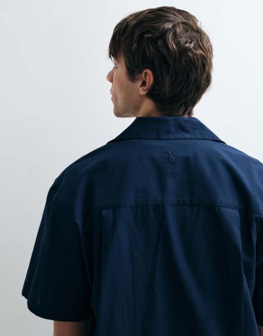 ASOS COLLECTIVE – Marinblå, avslappnad skjorta i bomull och linne, del av set, 5 av 5