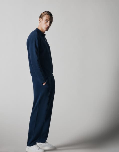 ASOS COLLECTIVE – Marinblått, stickat set med pikétröja med halvlång dragkedja och byxor - view 1