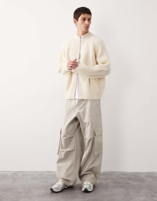 ASOS COLLECTIVE - Oversized beige strikket cardigan i uld med lynlås, 2 af 7