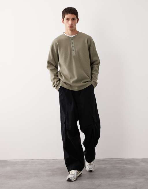ASOS COLLECTIVE oversized heavyweight henley waffle long sleeve t-shirt in khaki - KHAKI, 2 of 7