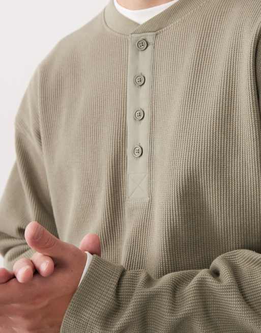 ASOS COLLECTIVE oversized heavyweight henley waffle long sleeve t-shirt in khaki - KHAKI, 5 of 7