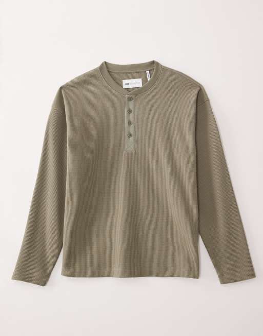 ASOS COLLECTIVE oversized heavyweight henley waffle long sleeve t-shirt in khaki - KHAKI, 6 of 7