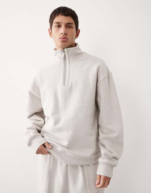 ASOS COLLECTIVE oversized heavyweight quarter zip funnel sweatshirt in heather marl  - LGREY, 2 of 7