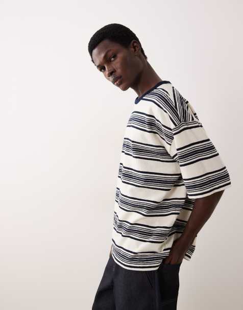 ASOS COLLECTIVE oversized heavyweight textured striped t-shirt in ecru and navy - view 1