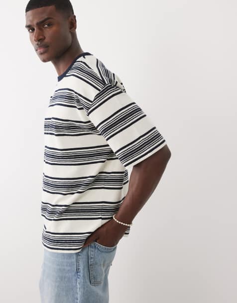ASOS COLLECTIVE oversized heavyweight textured striped t-shirt in ecru and navy