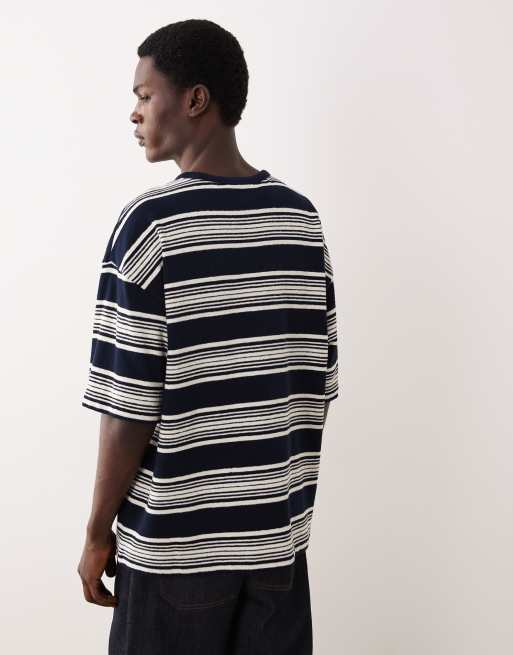 ASOS COLLECTIVE oversized heavyweight textured striped t-shirt in ecru and navy, 3 of 6